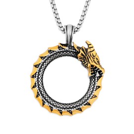 HAQUIL Ouroboros Dragon Necklace, Gold Plated Stainless Steel Viking Midgard Serpent Jormungandr Pendant, Box Chain, Viking Jewelry Gift
