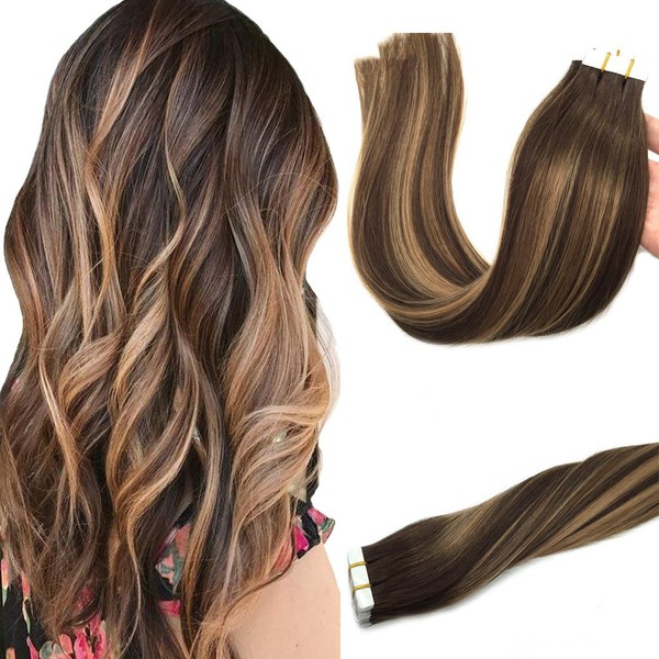 GOO GOO Remy Hair Extensions Tape in Human Hair Chocolate Brown to Caramel Blonde Balayage Straight Skin Weft Remy Tape in Human Hair Extensions 16 inch 20pcs 50g