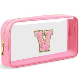 LOFOWN Initial Clear Makeup Bag Small Cosmetic Bag Travel Toiletry Bag Clear Zipper Pouch Purse Organizer Bags for Women, PINK-M, V, Initial Makeup Bag