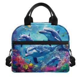 SCRAWLGOD Funny Dolphin Insulated Lunch Bag for Girls Ages 6-8 Ocean Lunch Box Kids with Pocket Small Lunchbox School Lunch Tote Cooler Bag Picnic Food Warmer