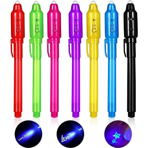 Oderra Pack of 7 Children's Secret Pens with UV Light Magic Pens | Invisible Writing | Children's Birthday Party Favours, 1 Piece (Pack of 7)