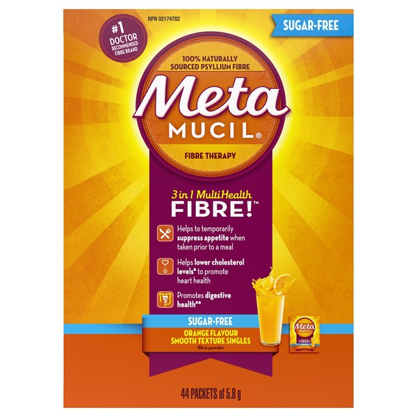 METAMUCIL 75% LESS SUGAR (NOT SUGAR-FREE) - ORANGE FIBRE SINGLES, 44 packets of 5.8 g