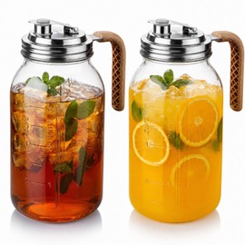 2 Pack 64 oz Glass Mason Jar Pitchers with Lids, Wide Mouth Half Gallon Mason Jar Pitcher with Pour Spout and Handle for Cold Brew, Iced Tea, Lemonade, Juice and Sun Tea
