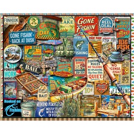 White Mountain 1000 Piece Jigsaw Puzzle Vintage Fish Signs Collage Puzzles with Large Pieces Gift for Adults and Family 24"x30" - I Love Fishing