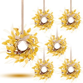 6 Pcs 3 Inch Fall Eucalyptus Leaves for Kitchen Cabinets Thanksgiving Mini Autumn Candle Rings Wreaths with Red Berries Artificial Farmhouse Hanging Swags Wreath for Home Wall Window Festival Decor