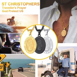 PROSTEEL Mens St Christopher Pendant with Chain Gold Protection Necklace Traveller's Prayer Gift