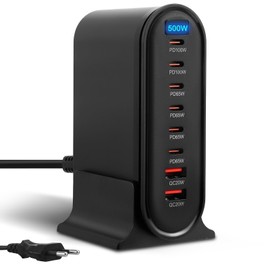 500 W USB Charger Multiple, 8 Ports GAN Fast Charger PD PPS 100 W Charging Station Multi Charger Station with 6 USB-C and 2 USB-A LCD Power Supply Multiple Charger for Phone Laptop