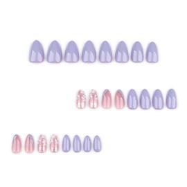 IMRAIN Press on Nails Medium Almond Fake Nails Purple Glossy Acrylic False Nails with White Flower Design Glue on Nails Spring Summer Nail Supplies for Women Girls DIY Manicure Nail Art