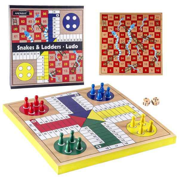 AMEROUS 12 inches Wooden Ludo Board Game - Snakes and Ladders, 2 in 1 Reversible, 1-4 Players Family Dice Games Set for Kids, Adults, Classics Tabletop Version (Gift Box Packed)