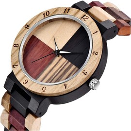 Natural Wooden Watches For Women Casual Watch Analogue Quartz Movement Wristwatch Colourful Ladies Watch with Mixed Colour Bamboo Bracelet, Bracelet