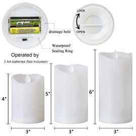 DRomance Moving Wick Outdoor Flameless Candles Battery Operated with 10-Key Remote and Timer, 3 Pack Plastic White LED Flickering Candles Wedding Holiday Decor(3" x 4", 5", 6")
