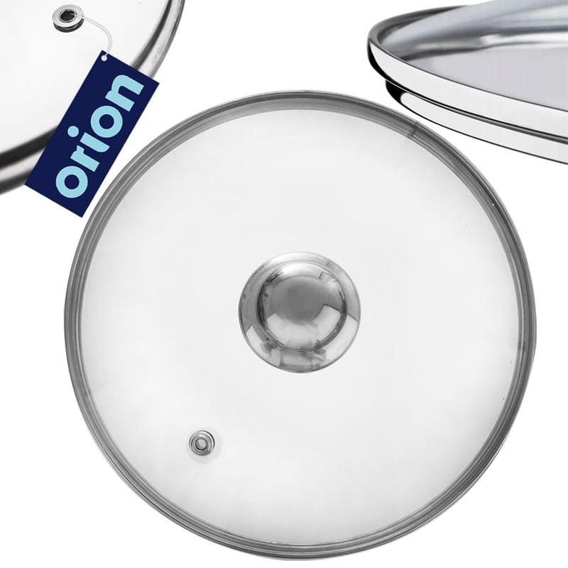 Glass lid with stainless steel ring.