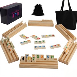 Qryovsa Premium Solid Wood Rummy Cube Game Set – 6-Player Classic Tile Rummy Game with 160 Tiles, Wooden Racks, & Travel Bags – Original Large Number Edition for Family, Party, & Camping(6 Rack)