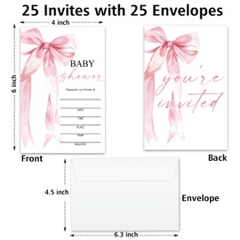 Pink Bow Baby Shower Invitation Set for Girls, 25 Set of Fill-in Invitation with Envelopes Diaper Raffle Tickets & Book Request Cards for Baby Announcement, Gender Reveal Party Favor And Supplies -B05