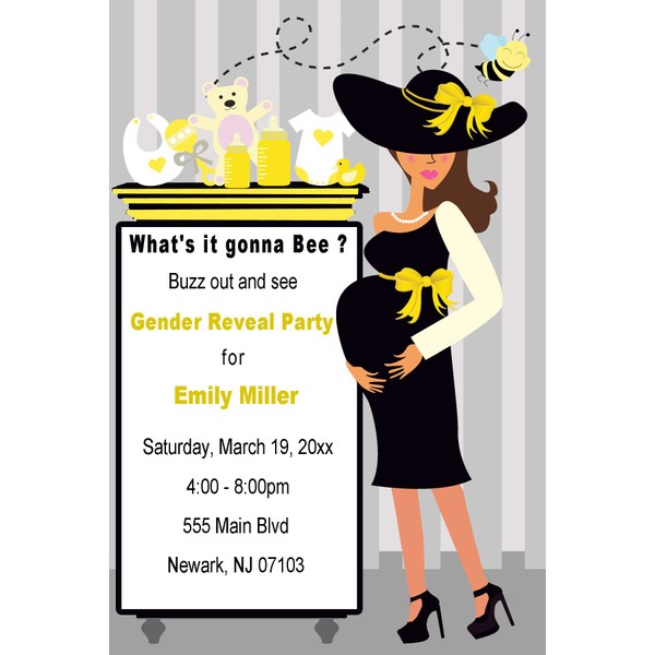 30 Invitations Yellow Black Grey Whats It Gonna Bee Design Gender Reveal Party Personalized Cards Photo Paper