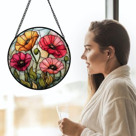 AMDERVEN Stained Glass Window Hanging, Red Orange Poppy Birth Flowers Sun Catcher for Door Garden Yard Decor Wildflowers Suncatcher Christmas Mother Birthday Gifts for Women Men Mom Nana 11.8 in
