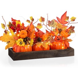 Yalikop Set of 4 Fall Pumpkin Centerpiece Table Decorations Artificial Pumpkin with Mini Wood Tray and LED Light for Harvest Fall Home Decor Kitchen Thanksgiving Party Table Centerpiece(Orange)