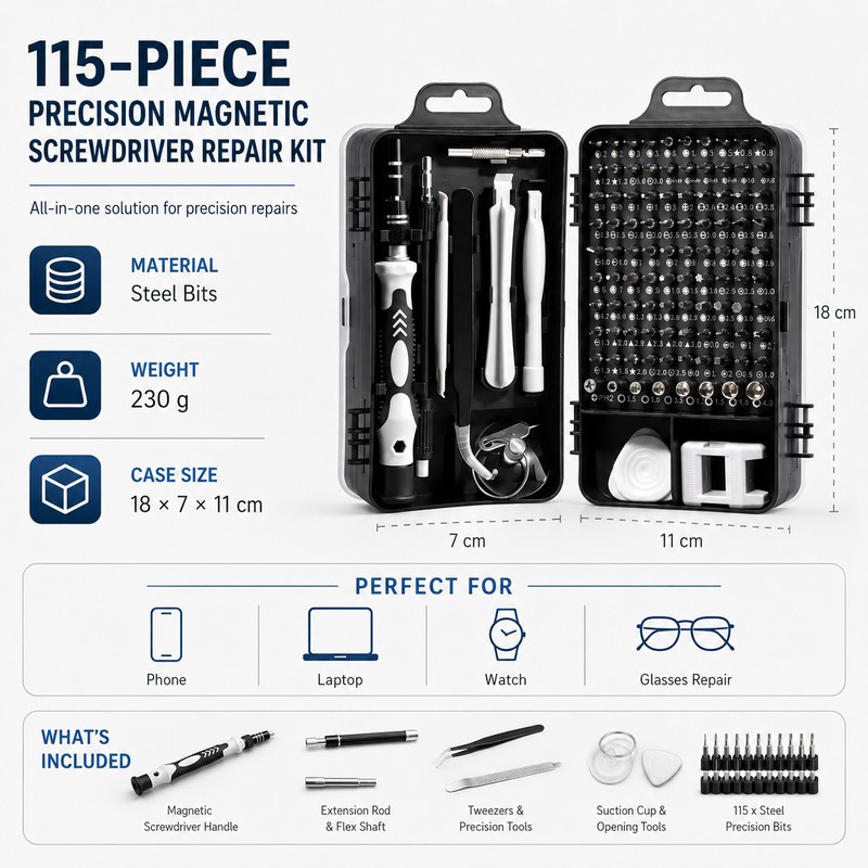 115-in-1 Precision Screwdriver Set for Electronics Repair – Magnetic Multi-Bit