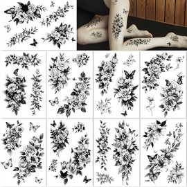 CHARLENT Large Flower Temporary Tattoos for Women-33 Pcs Realistic Black Flower Rose Fake Tattoos for Women Body Art Arm Chest Legs Shoulder Abdomen