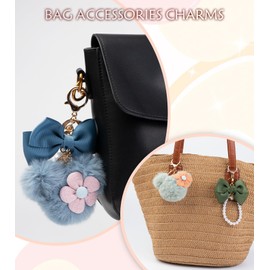 HONYJOOM Bow Keychain, Pom Pom Keychain Fur Ball Key Chain Fluffy Keyring Bow Bag Backpack Purse Charm, Wristlet Keychain for Women (Bluey Keychain)