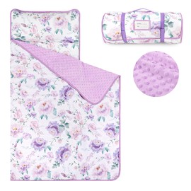 Toddler Nap Mat with Removable Pillow & Soft Minky Blanket, HNHUAMING Extra Large Rolled Napping Mats for Girls Boys, Purple Kids Slumber Bags for Daycare, Preschool Travel Camping, Floral