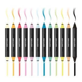 Molotow Sketcher Twinmarker Main Kit 2 (Brush Tip & 3 mm Chisel Tip, Colour-Intensive Aqua Pro Ink, Quick-Drying, for Use on Paper) 12 Pens, Multi-Colour