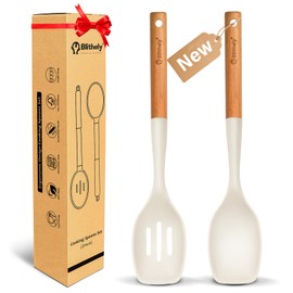 2Pcs Large Silicone Cooking Spoon Set, Nonstick Serving Spoons for Cooking, Solid and Slotted Spatula Spoons with Wooden Handle, Heat Resistan Silicone Utensil Set for Basting and Mixing(White)