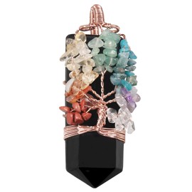 SUNYIK 7 Chakra Wire Wrapped Crystal Quartz Pendant Necklace for Women Men, Sword Faceted Healing Crystal Point Necklace for Unisex, Black Obsidian