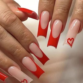 24 Pcs French Tip Fake Nails Valentines Press on Nails Long Coffin Acrylic False Nails Red Nail Tips Holiday Stick on Nails Full Cover Glue on Nails Artificial Nail Cute Heart Press on Nails for Women