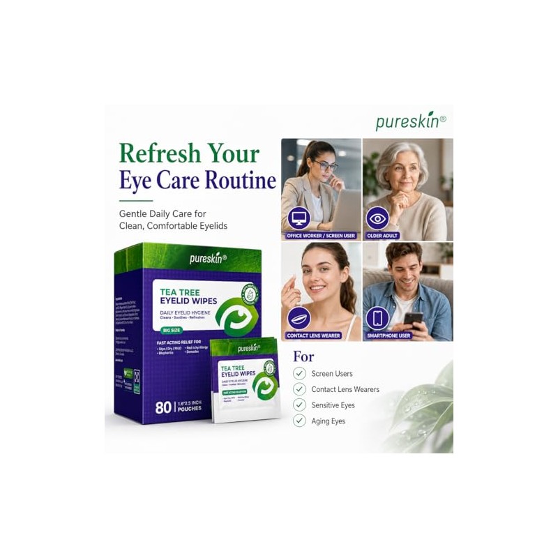 Pureskin Eyelid Wipes with Tea Tree Oil - No-Rinse Eye