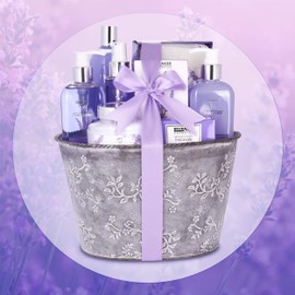 BRUBAKER Cosmetics Relaxing at Home Spa Gift Basket - Fresh Lavender - 9 Pcs Bath & Body Gift Set Including Vintage Planter