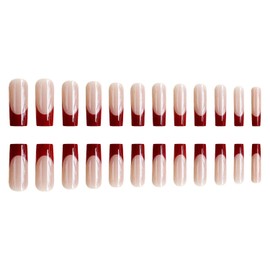 24Pcs Red French Tip Press on Nails Long Coffin Fake Nails Reusable False Nails Kit Acrylic Coffin Nails Press ons Artificial Glue on Nails Nude Full Cover Stick on Nails for Women Girls