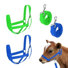 M METERXITY 2-Pack Adjustable Cattle Cow Calf Halter, 12.6"-18.9" Nylon Livestock Cow Halter with Leading Rope for Miniature Horse/Donkey/Goat/Cattle [Green, Blue]
