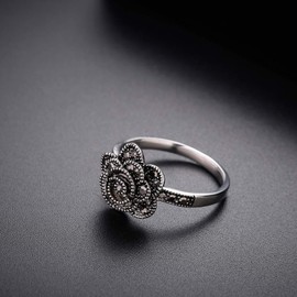 Shefashion Women's Vintage Black Marcasite Rose Flower Rings Size 7