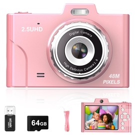Digital Camera for Kids, 48MP 1080P FHD Camera with 64GB Card, 8X Digital Zoom Point and Shoot Digital Camera Compact Small Camera Gifts for Teens Students Children Kids Boys Girls(Pink)