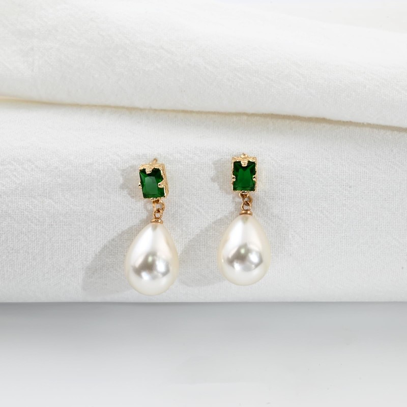 Pearl Drop Earrings with Emerald Green Crystal, 18K Gold Plated,