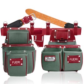 FUERI Tool Belt for Men made with Heavy Duty 1680-D Double Layer Nylon & Grain Leather comes with Adjustable Padded Belt, 19 Pockets pouches, and a Hammer Holder | Carpenters, Framers, Construction