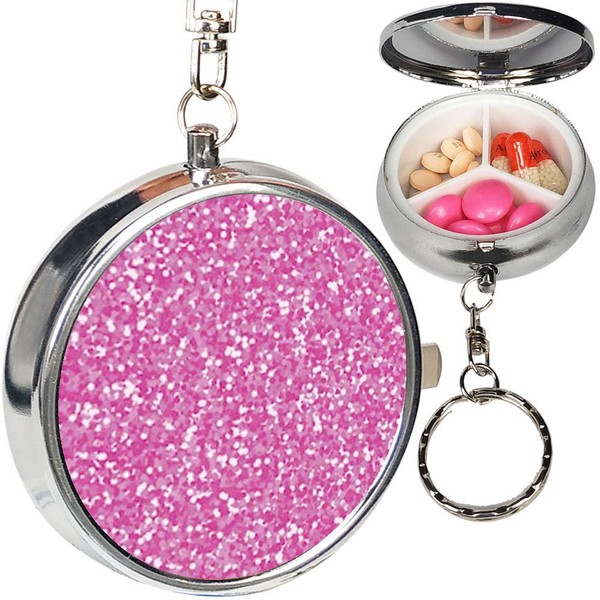 Portable Metal Pill Organizer Keychain Case Stash Box with 3 Compartments for Medicine Vitamin (Pink Glitter Violet)