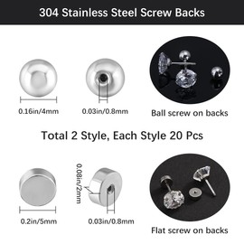 Beebeecraft 40Pcs Screw Ball Ear Backs Flat Round Ear Nuts Stainless Steel Earring Backings Replacement Stoppers for Earring Posts Studs