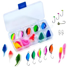 Premium 18-piece bait set with rubber baits, spoons, hooks with tungsten bead and snaps - practical bait box for predatory fish, anglers, trout etc.