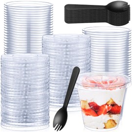 Suclain 60 Pack 8 oz Disposable Plastic Cups with Flat Lid and Sporks Set, Clear Fruit Cups, Plastic Spork, 8oz Containers with Lids and Holes for Food Appetizer Ice Cream Dessert Cold Drink
