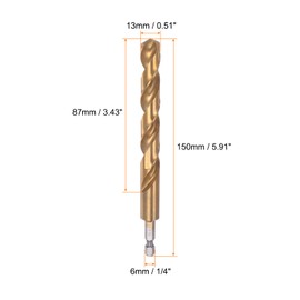 sourcing map 1/4 Inch Hex Shank Drill Bit 13 mm Titanium Bore Bits Set M35 High Speed Steel Rotary Drill Bit 150 mm Long Full Grounding for Wood Stainless Steel Metal Plastic