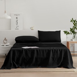 EVERLY Linen Sheets Set Queen Size,100% French Stonewash Pure Linen Sheets Set,4Pieces (1Flat Sheet,1Fitted Sheet,2Pillowcase) Suitable for Hot Sleepers,Deep Pocket Natural Bedding Set-Black