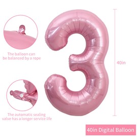 TONIFUL 40 Inch Light Pink Large Macaron Numbers Balloons 0-9, Number 3 Digit 3 Helium Balloons, Foil Mylar Big Number Pastel Balloons for Birthday Party Anniversary Supplies Decorations