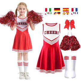 songyea 5er Set Cheerleader Kostüm Kinder,Cheerleading Uniform Kleid,Cheerleadering Outfit Mädchen mit Pompoms,Socken,Tattoo-Aufkleber und Kopfschmuck,Kinder Cheerleadering für Karneval Party (Rot, XL, 150)