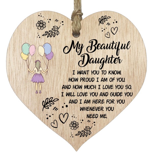 Beautiful Daughter Hanging Wooden Heart Sign Plaque Daughter Gifts from Mum Dad - Light Wood Hearts Sign, Womens Gifts, Daughter Gifts from Parents, Inspirational Christmas Birthday Present