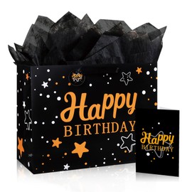 Mstar Pack Happy Birthday Gift Bag with Tissue Paper, Candy Cookies Gift Present Bags for Girls Kids Women Birthday (Black, 13" Large)