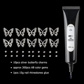 3D Silver Butterfly Nail Charms, Metal Butterfly Rhinestones for Nails, Small Nail Gems with 15g Gel Glue for Rhinestones, UV Cured Drill Nail Glue, Gems for Nails, Nail Art Jewelry Decorations