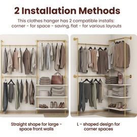 DABILONGC Industrial Pipe Clothing Rack Wall Mounted Heavy Duty, Space Saving Garment Hanger System for Wardrobe/Walk-in Closet (Gold, 3 Tier)