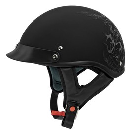VCAN Cruiser Solid Flat Black Half Face Motorcycle Helmet (Scramble Line, X-Large)